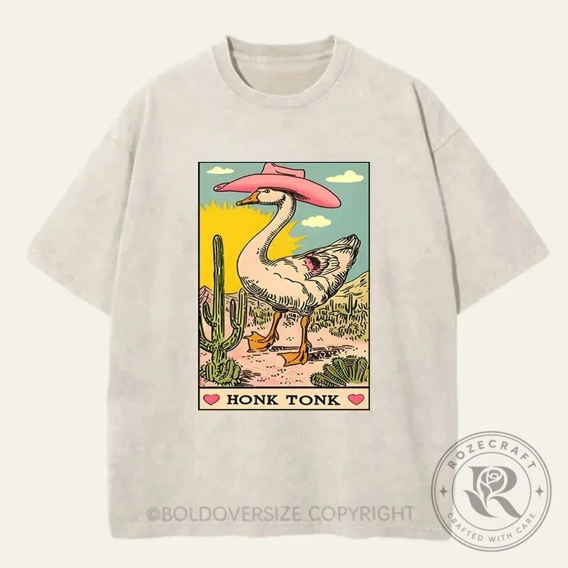 Honk Tonk Goose Cowboy Hat Desert Scene Vintage Washed T-Shirt