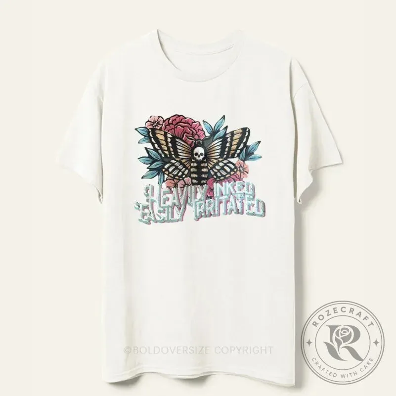 Heavily Inked Easily Irritated Moth Skull Floral Graphic T-Shirt