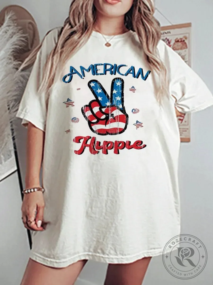 American Hippie Peace Sign Flag Patriotic Vintage Graphic T-Shirt