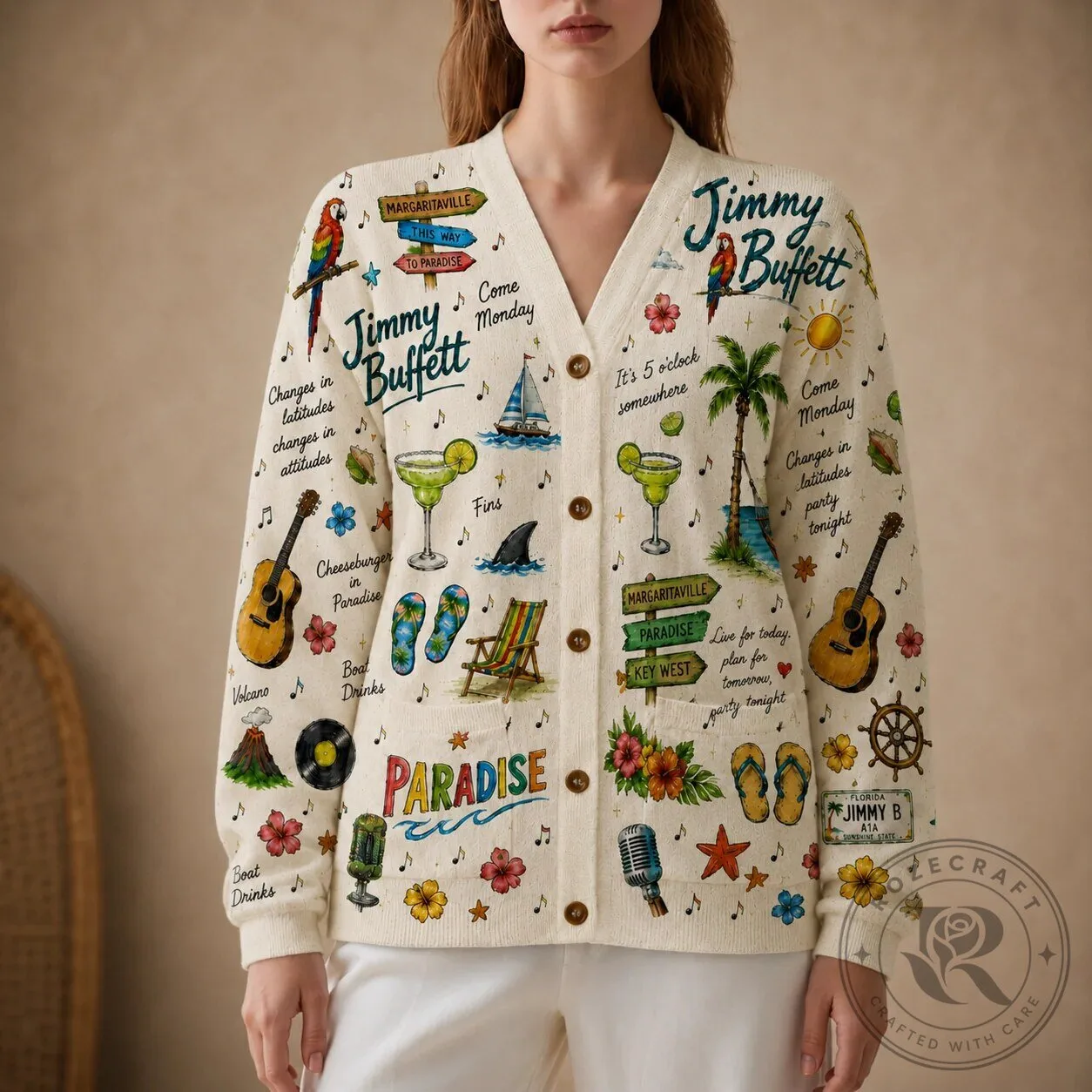 Jimmy Buffett Margaritaville Paradise Island Music Cardigan Sweater