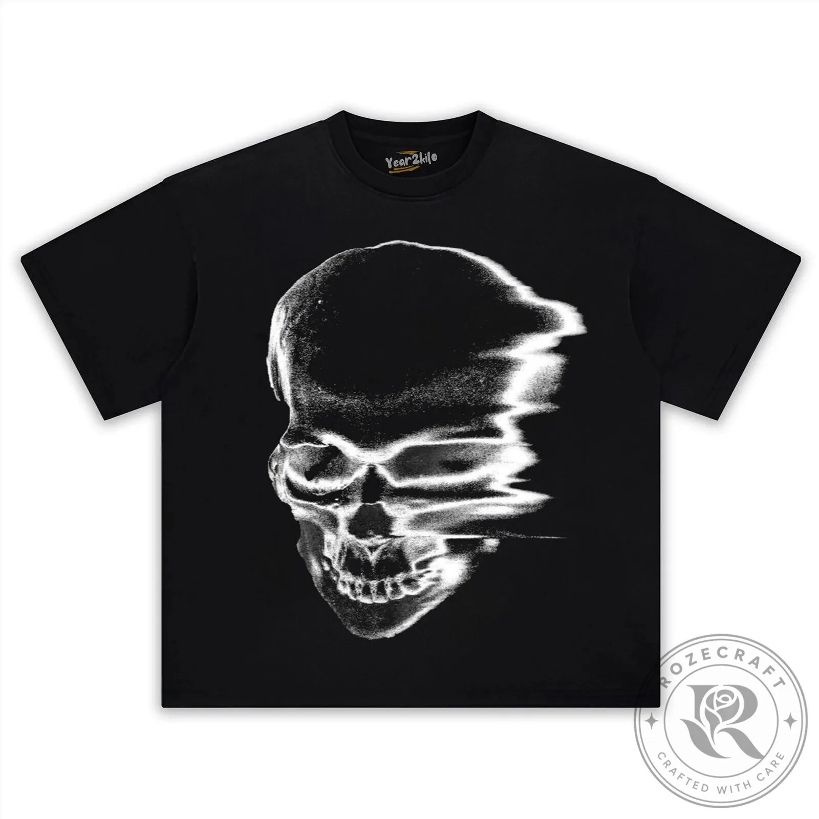 Distorted Skull Glitch Effect Black Graphic Print Short Sleeve T-Shirt