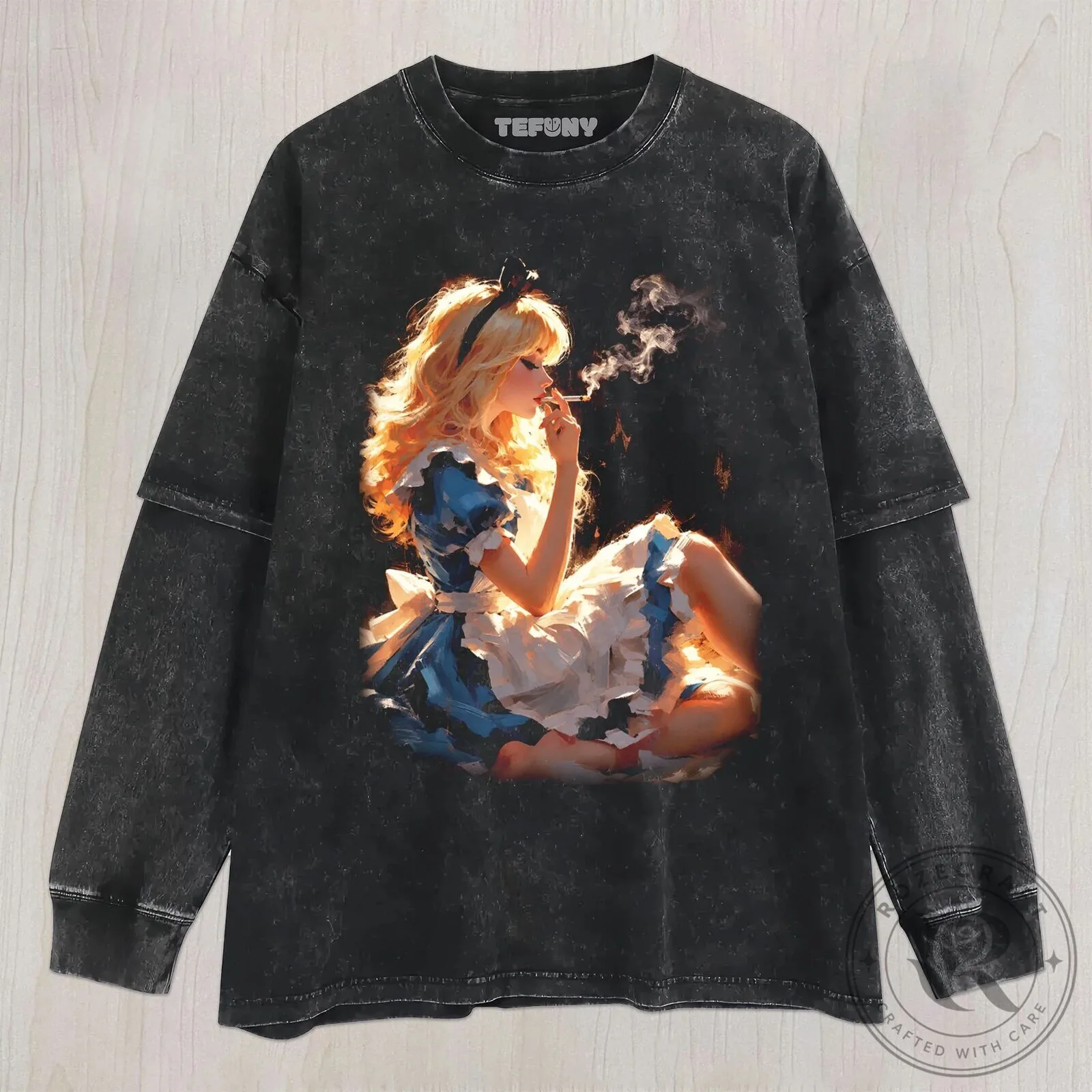 Alice in Wonderland Smoking Cartoon Girl Vintage Washed Black T-Shirt 11 Alice in Wonderland Smoking Cartoon Girl Vintage Washed Black T-Shirt