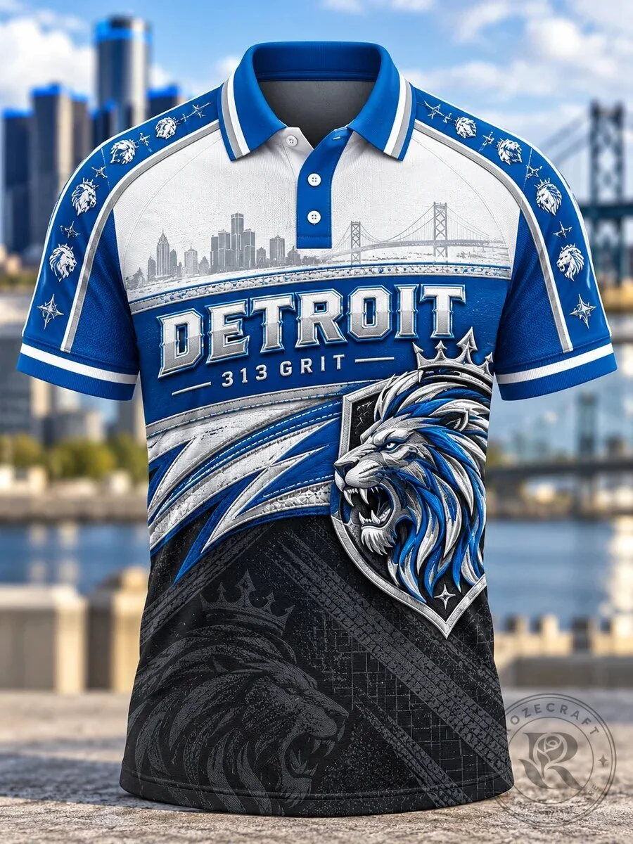 Detroit Lions Football Team City Skyline Blue and White Polo Shirt