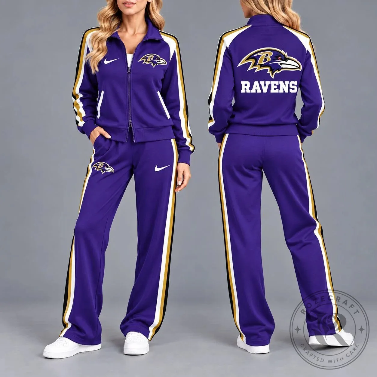 Baltimore Ravens NFL Team Logo Purple and Gold Striped Full Zip Tracksuit Jacket