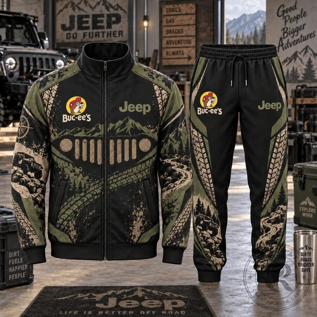 Buc-ee's and Jeep Off Road Adventure Graphic Full Zip Jacket and Jogger Pants Set Buc-ee's and Jeep Off Road Adventure Graphic Full Zip Jacket and Jogger Pants Set