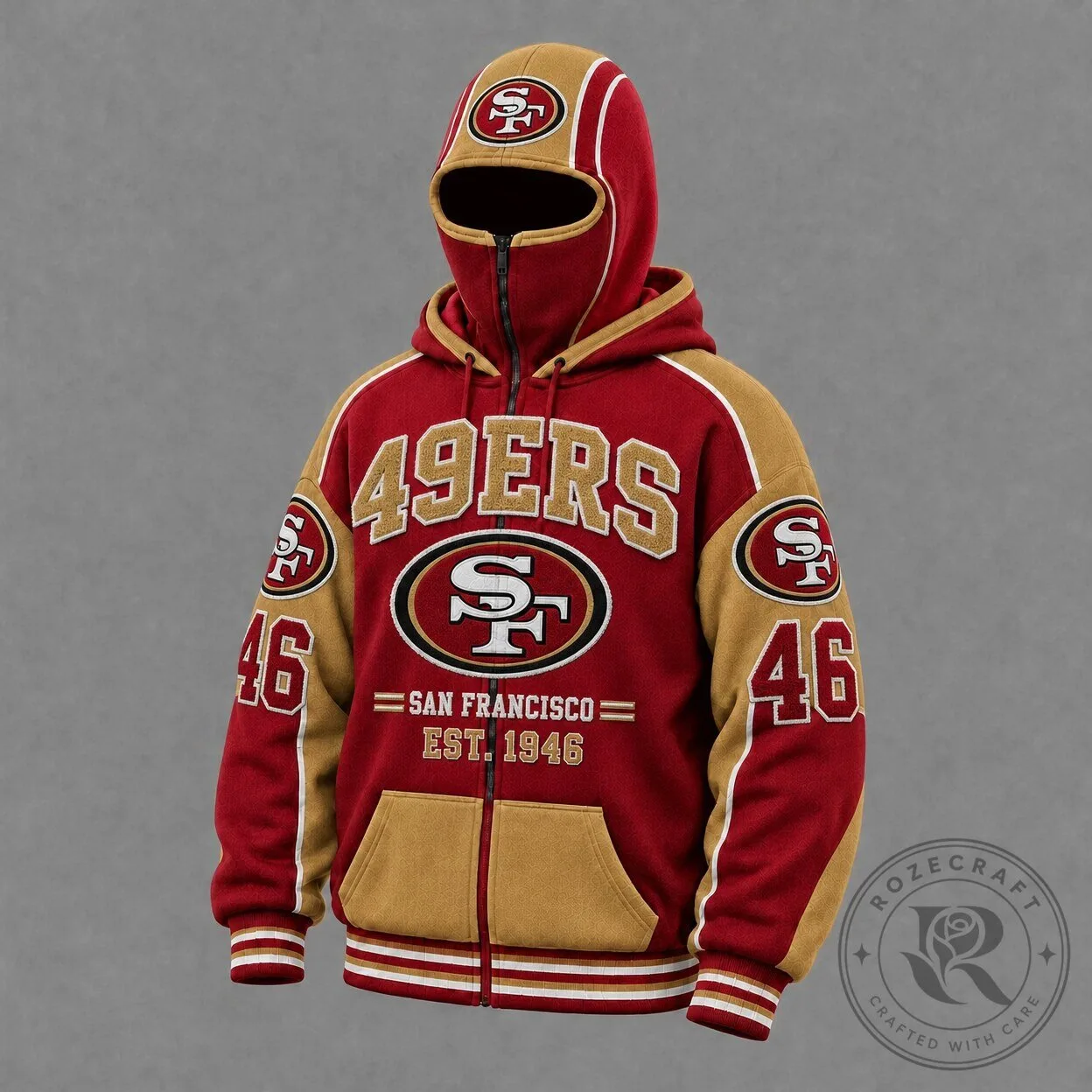 San Francisco 49ers Red Gold Colorblock Full-Zip Hoodie With Mask Hood
