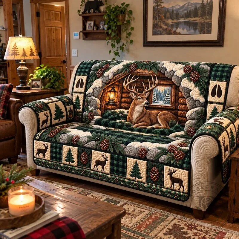Rustic Cabin Deer Quilted Sofa Cover Protector with Pinecones and Plaid Pattern